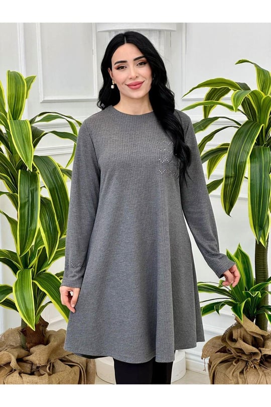 Taş Detay Örme Tunik 846-Gri