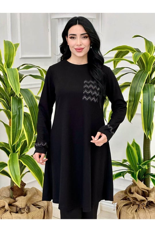 Taş Detay Örme Tunik 846-Siyah