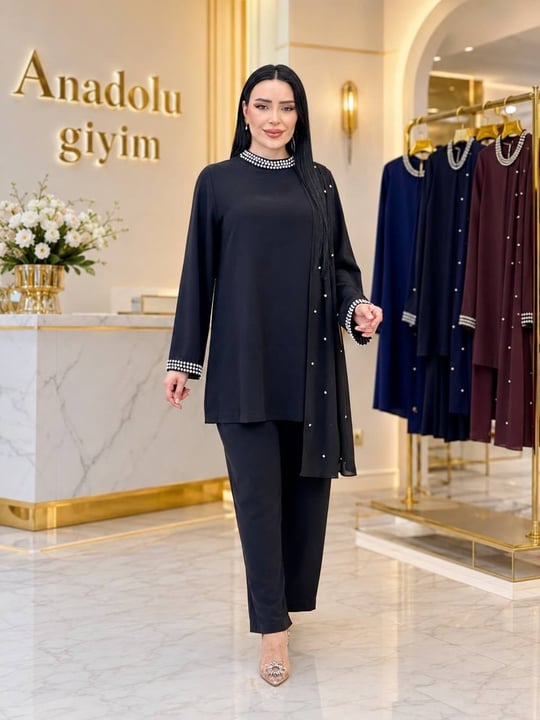 Taş Detay Pelerinli Pantolon Takım 15938 T-26 Siyah