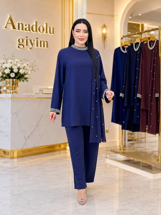 Taş Detay Pelerinli Pantolon Takım 15938 T-26 Lacivert