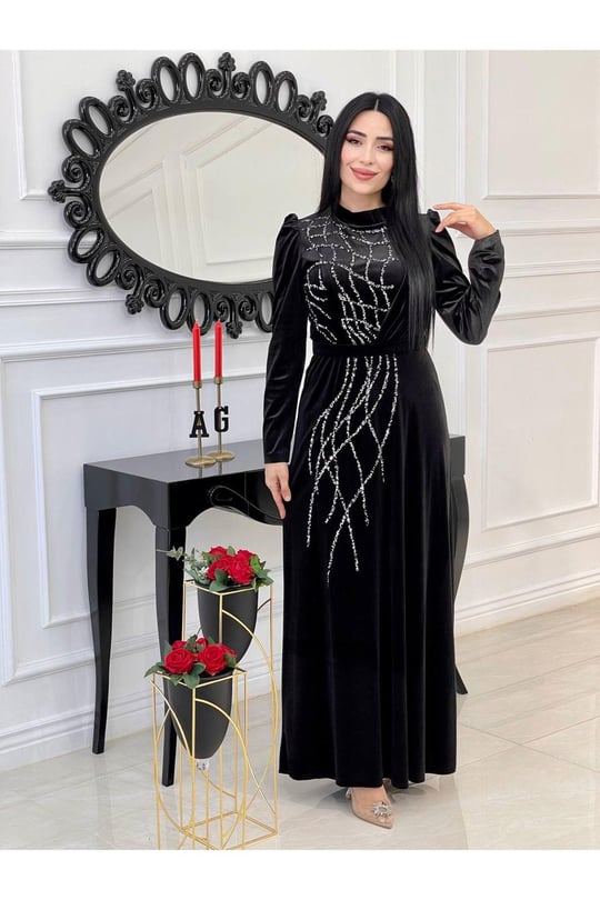 Taş İşleme Kadife Elbise 4256-Siyah