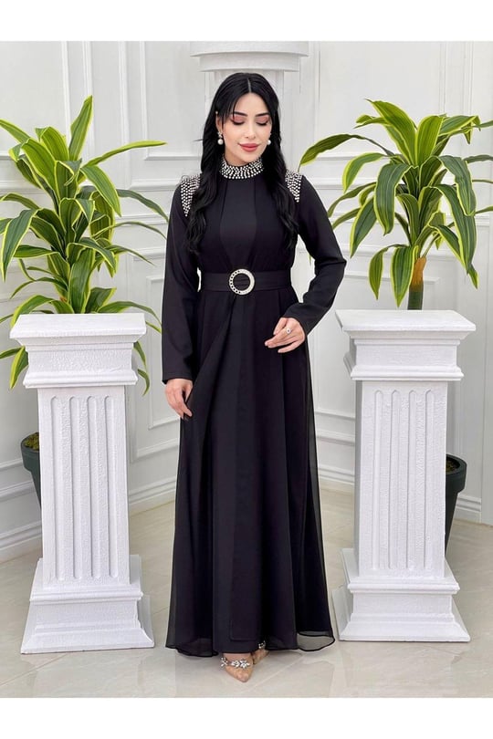 Taş İşleme Pelerin Abiye 4320-Siyah