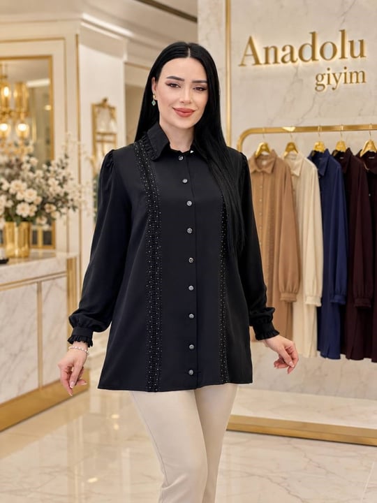 Taş Şerit Düğmeli Tunik 017 T-26 Siyah