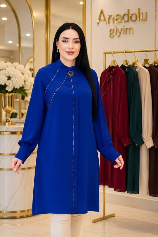 Tek Omuz Bant Boncuk İşleme Tunik 2235 T-26 Saks