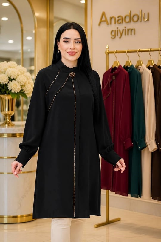 Tek Omuz Bant Boncuk İşleme Tunik 2235 T-26 Siyah