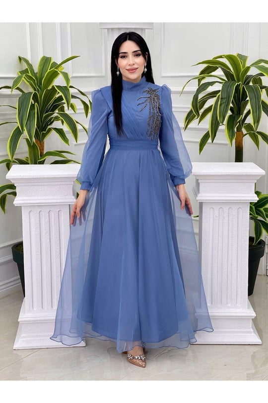 Tek Taraf Drape Tül Elbise 4355-Mavi