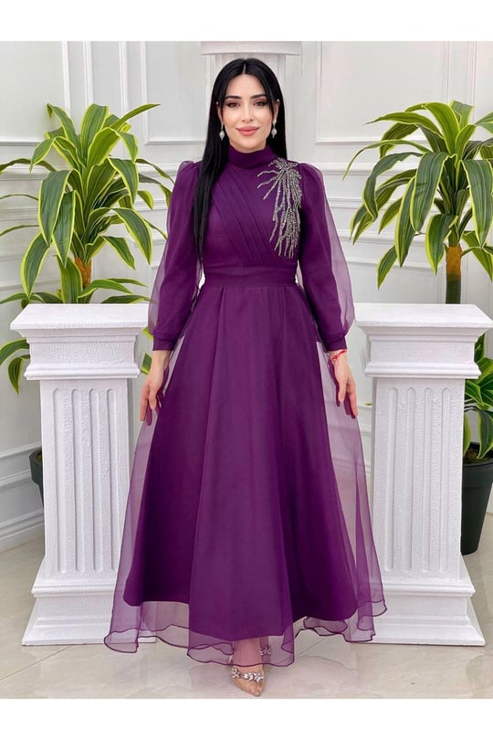 Tek Taraf Drape Tül Elbise 4355-Mor
