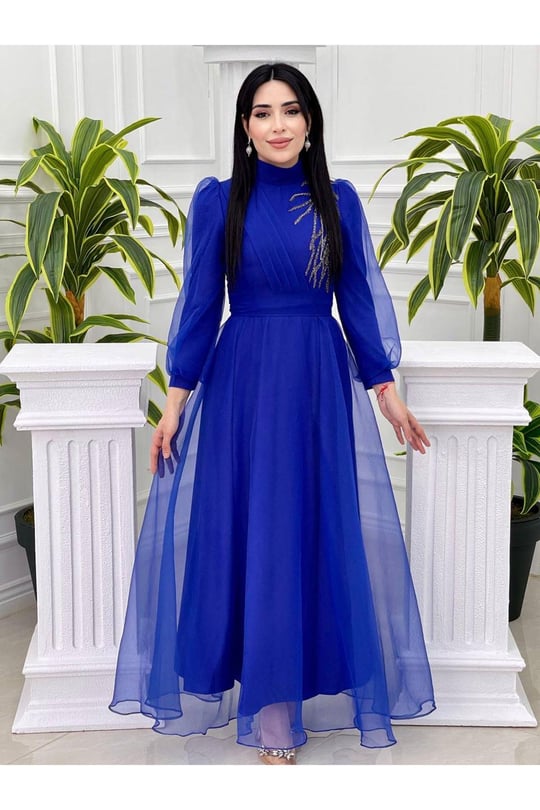 Tek Taraf Drape Tül Elbise 4355-Saks