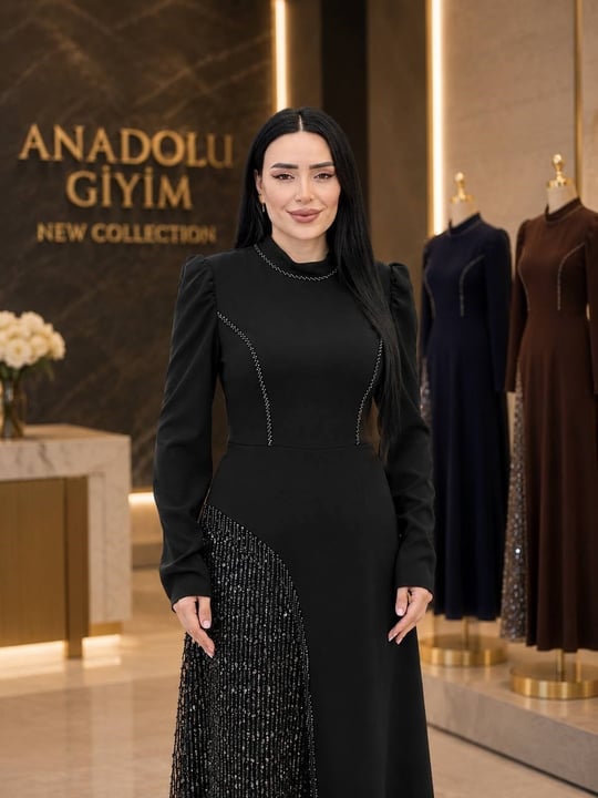 Tek Taraf İşleme Boncuklu Krep Abiye 7200 T-26 Siyah