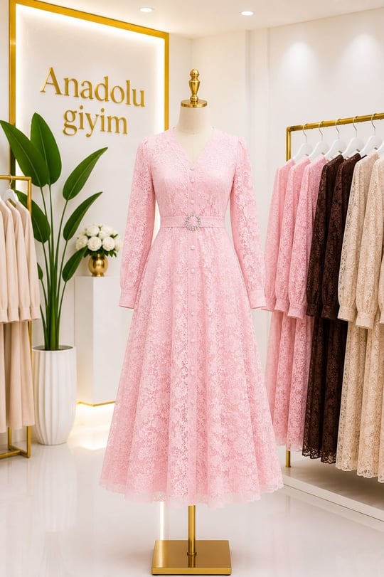 Toka Kemer Önü Düğmeli Güpür Elbise 1837 T-26 pembe