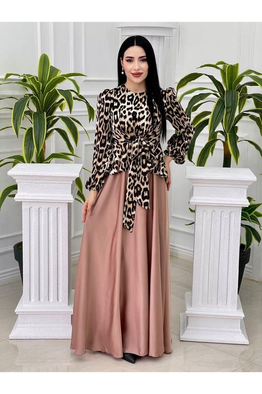 Üstü Leopar Saten Elbise 3858-Bej