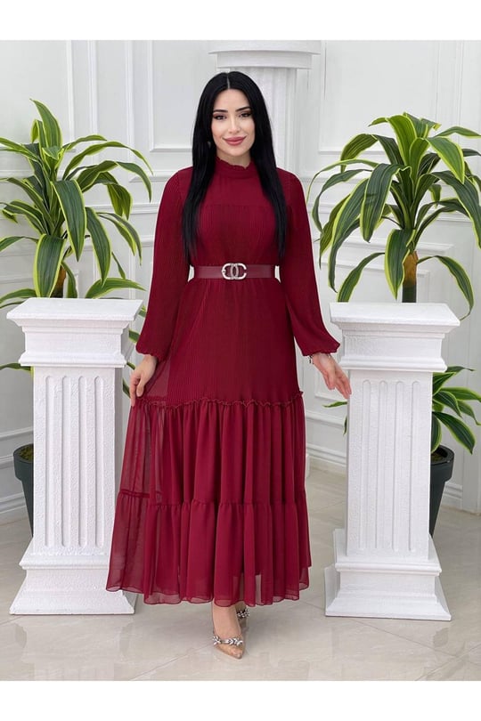 Üstü Piliseli Şifon Elbise 4051-Bordo