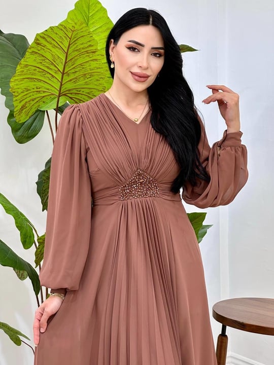 V Yakalı Beli Taş Şifon Elbise 4448 T-25 Vizon