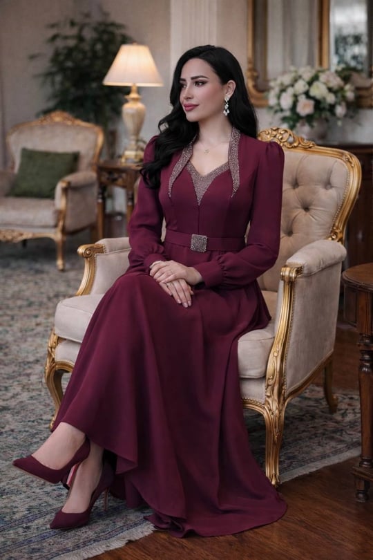V Yakas Taşlı Elbise 7115 T-26 Mürdüm