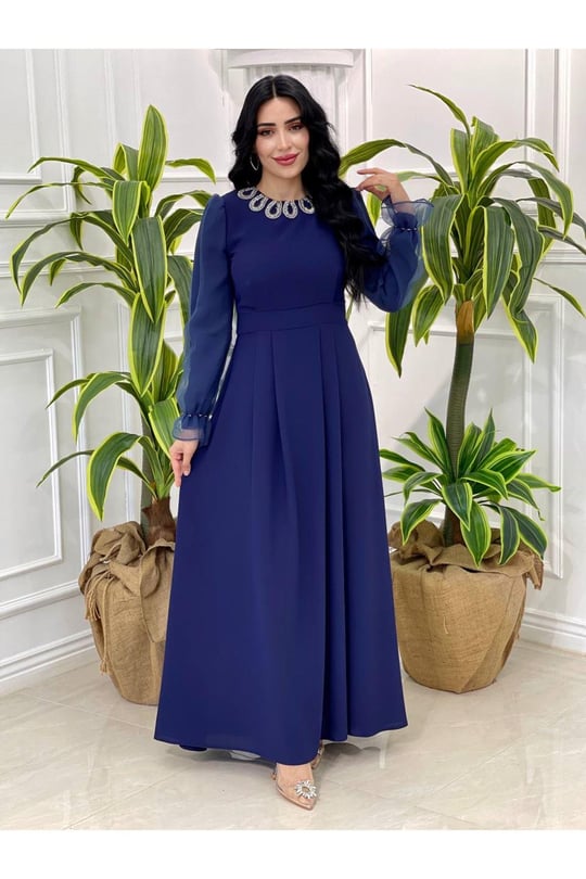 Yaka Damla Taş Elbise 3797-Saks