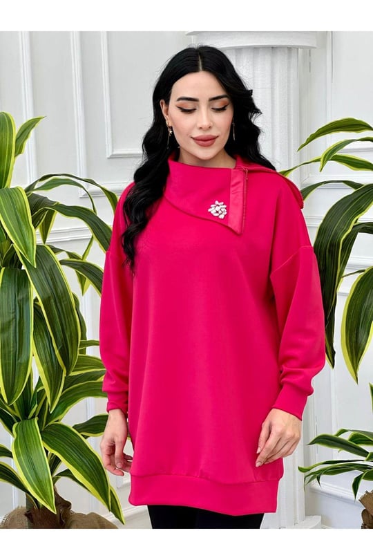 Yaka Fermuar Scuba Tunik 10355-Fuşya