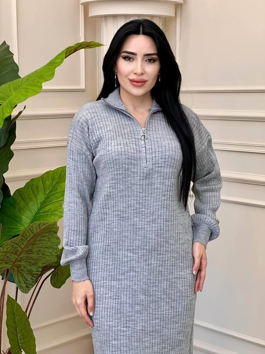 Yaka Fermuar Triko Elbise 3362 t-24 Gri