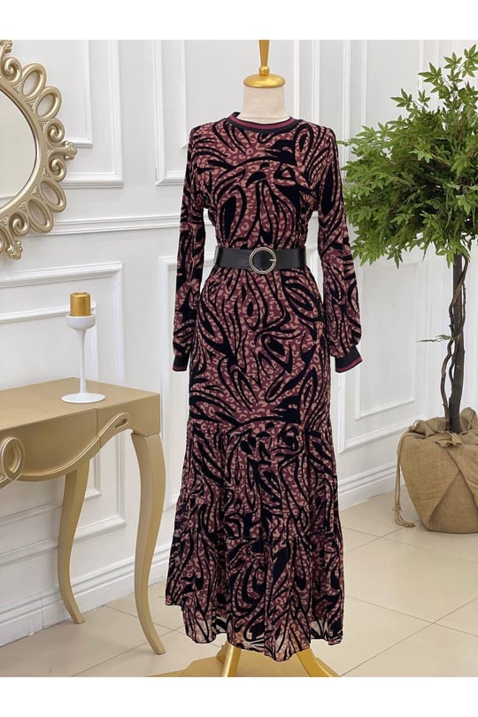 Yaka Kol Ribana Desenli Elbise 3782-Rose