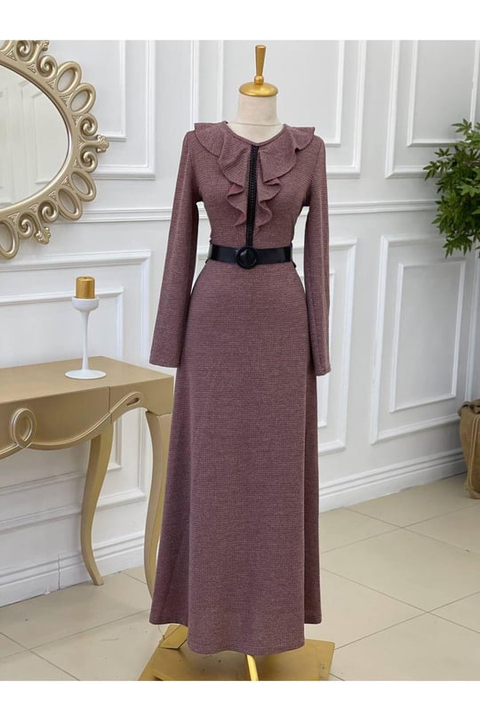 Yaka Volanlı Örme Elbise 3169-Rose