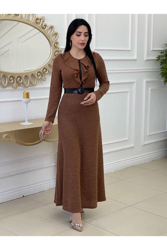 Yaka Volanlı Örme Elbise 3169-Taba