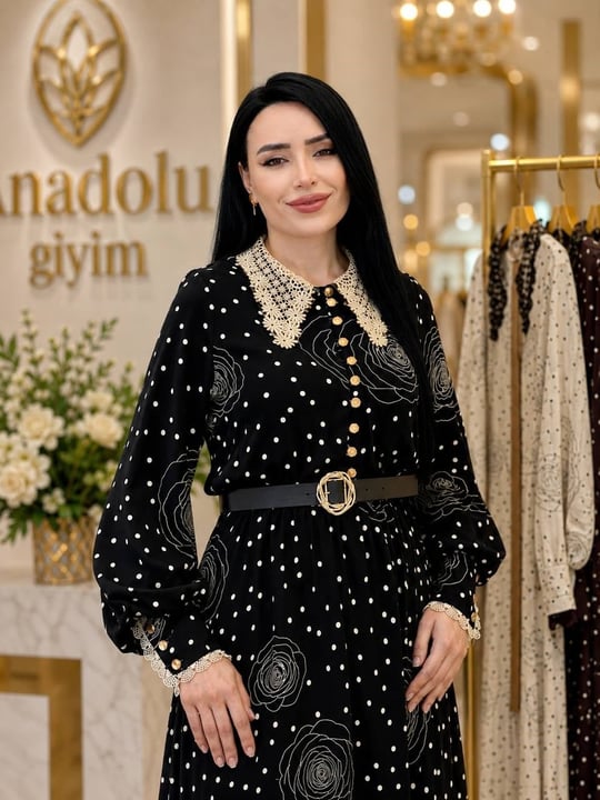 Yakası Dantelli Puantiye Elbise 12006 T-26 Siyah