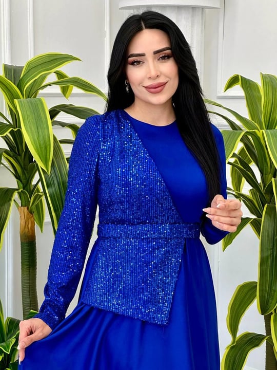 Yarı Payet Saten Elbise 4052 Saks