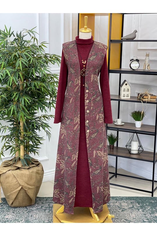 Yelekli Örme Elbise 3246-Bordo