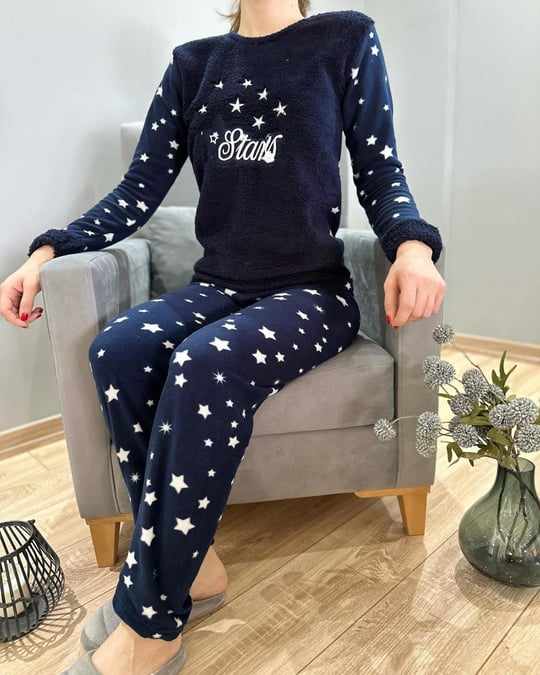 Yıldız Desenli Polarlı Pijama Takım Lacivert