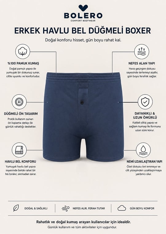 Erkek Havlu Bel Düğmeli Boxer Lacivert