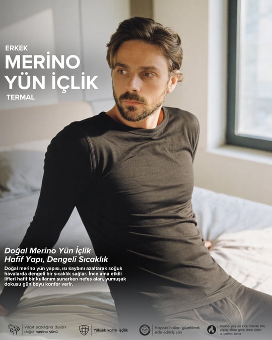 Erkek Termal Merino Yün İçlik Siyah Üst