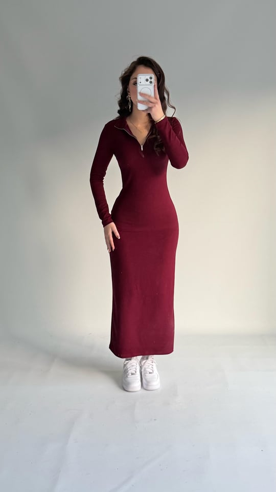 Fermuarlı Uzun Kol Fitilli Elbise Bordo