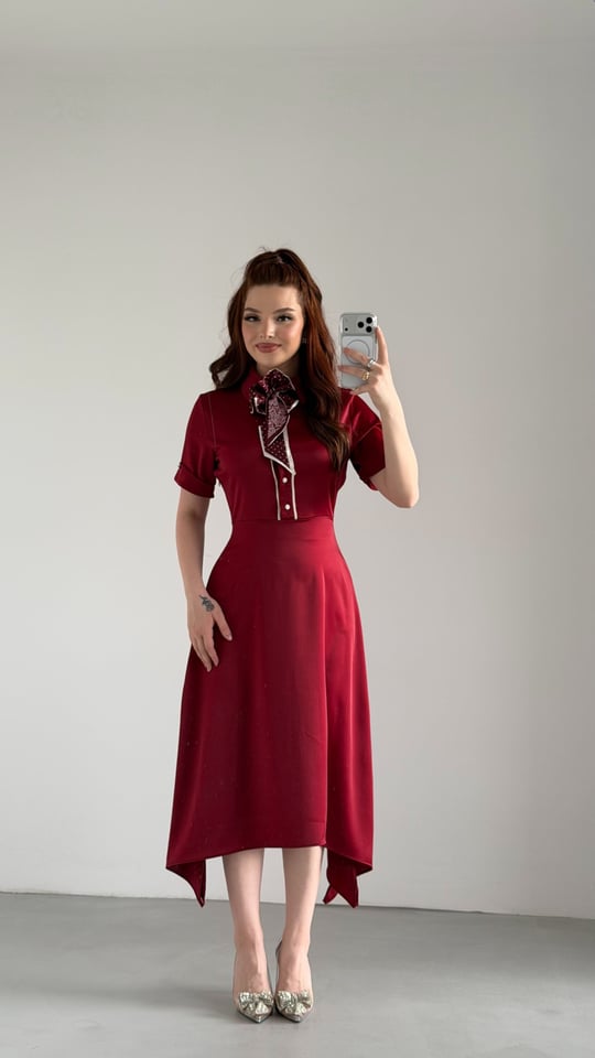 Lady Saten Fularlı Elbise Bordo