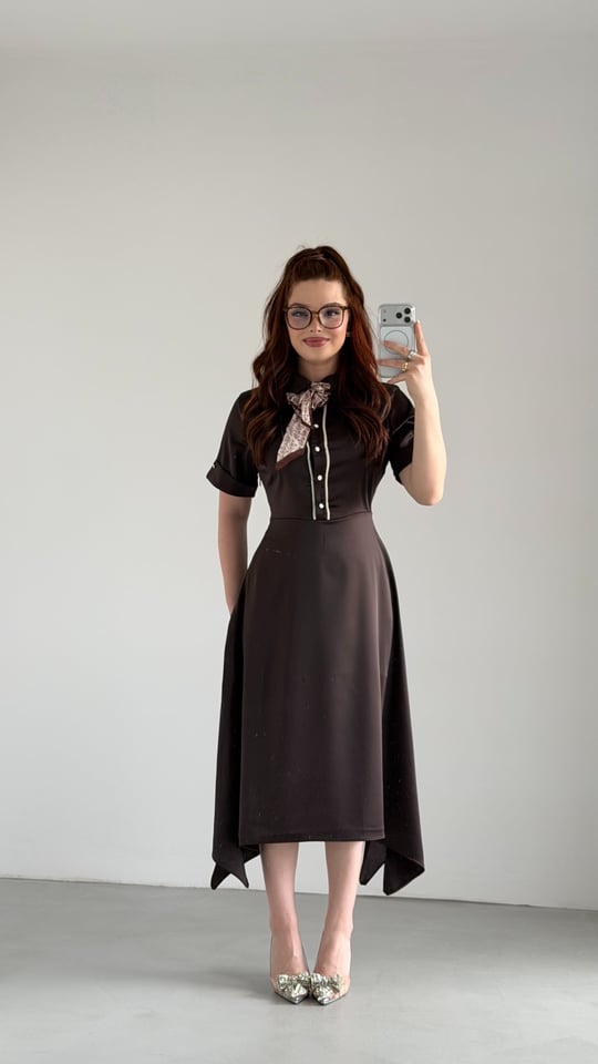 Lady Saten Fularlı Elbise Kahverengi 