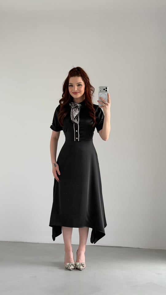 Lady Saten Fularlı Elbise Siyah