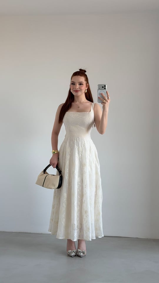 Maried Kare yaka Elbise Ekru