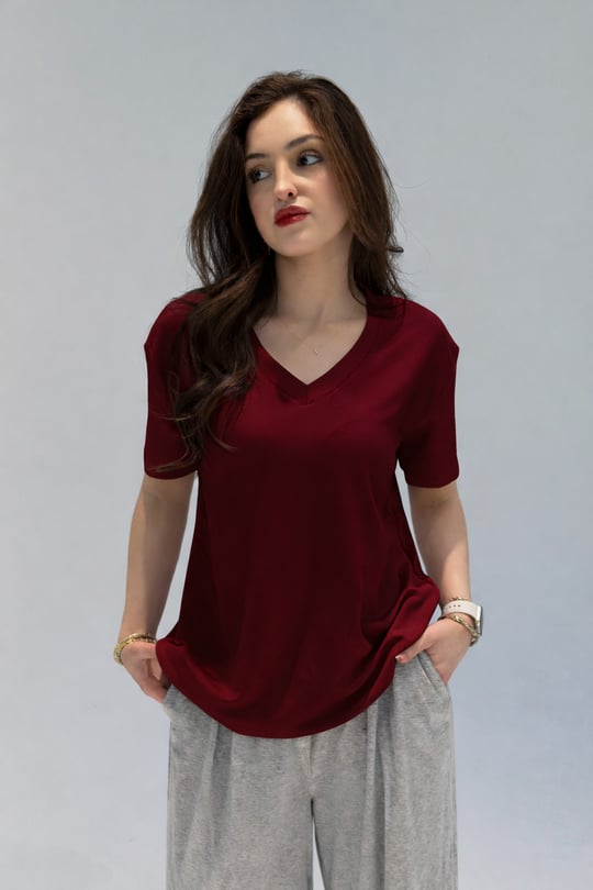 Soft Line Oversie V Yaka Tişört Bordo
