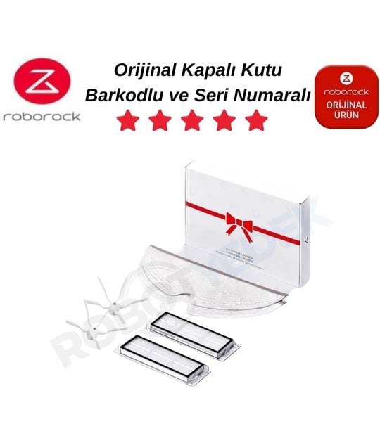 Roborock S5 Max Orijinal Set- Ana Fırça Hepa Filtre Beyaz Yan Fırça Mop Bez-6 Parça