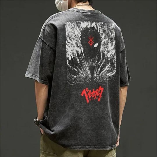 Antrasit Anime Berserk : Guts Yıkamalı Kumaş Unisex Kısa Kollu T-Shirt