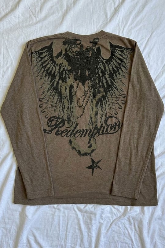 Açık Kahverengi Retro Redemption Cross Cyber Grunge Y2K Crop Sweatshirt