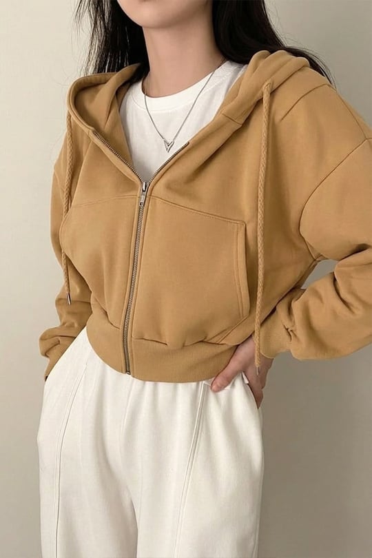 Bej Crop Top Kalın Kumaş Kapüşonlu Y2K Crop Hırka
