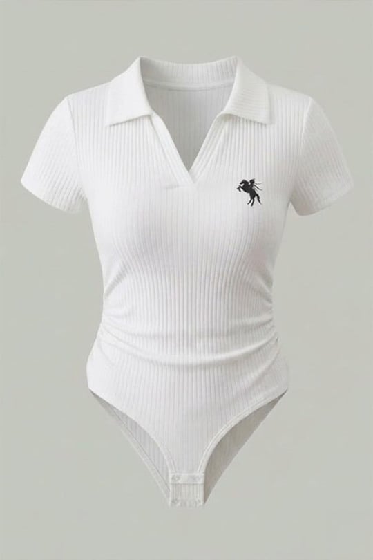 Beyaz Polo Ribana Y2K Çıtçıtlı Body