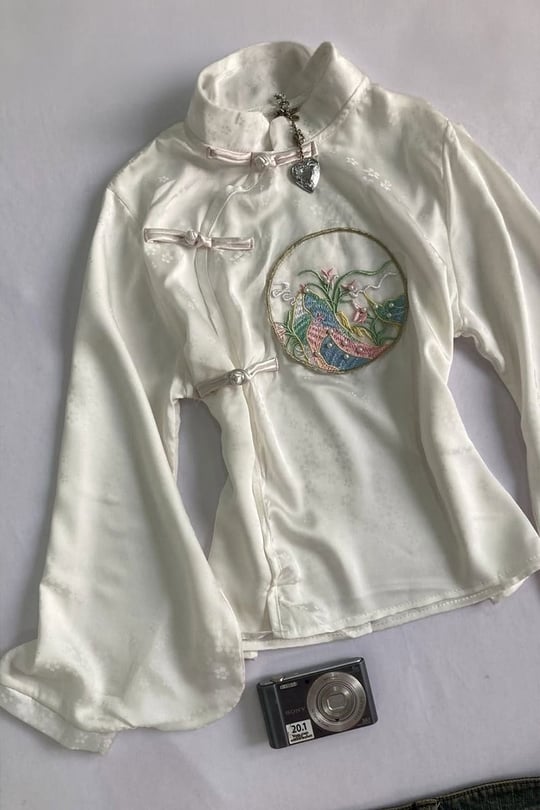 Beyaz Qipao Nakış Deatylı Y2K Uzun Kollu Crop
