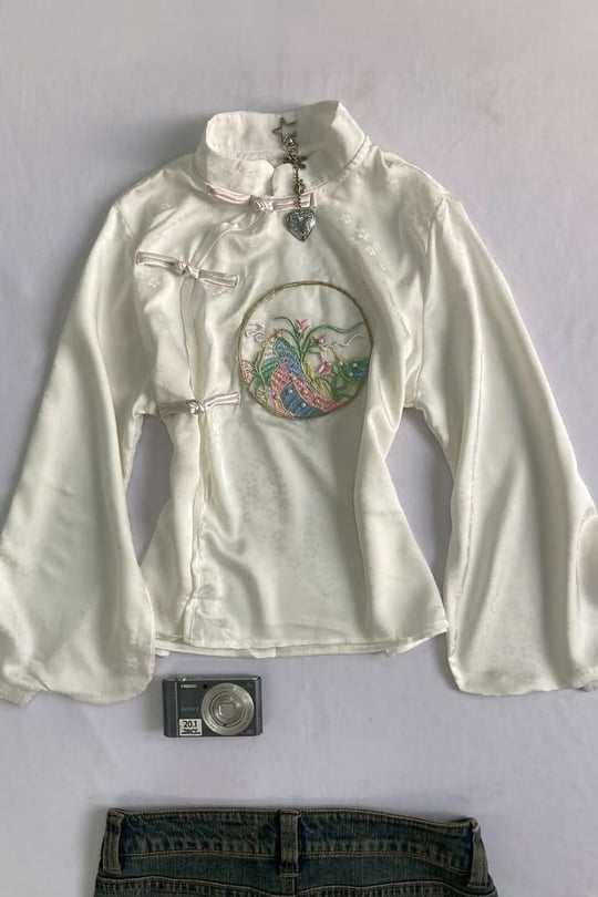 Beyaz Qipao Nakış Deatylı Y2K Uzun Kollu Crop