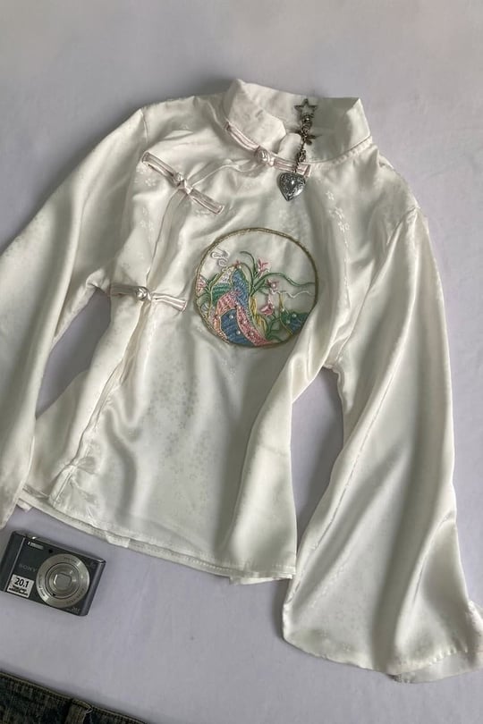 Beyaz Qipao Nakış Deatylı Y2K Uzun Kollu Crop