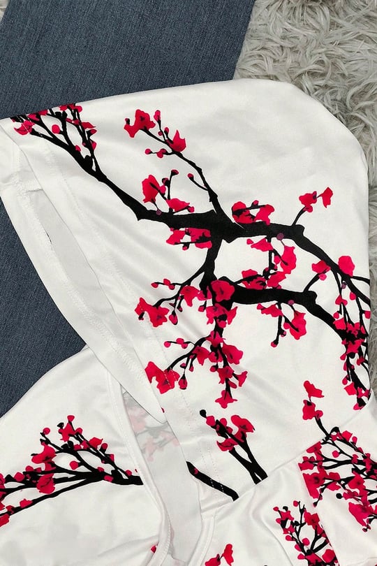 Beyaz Sakura Kapüşonlu Harajuku Y2K Uzun Kollu Crop
