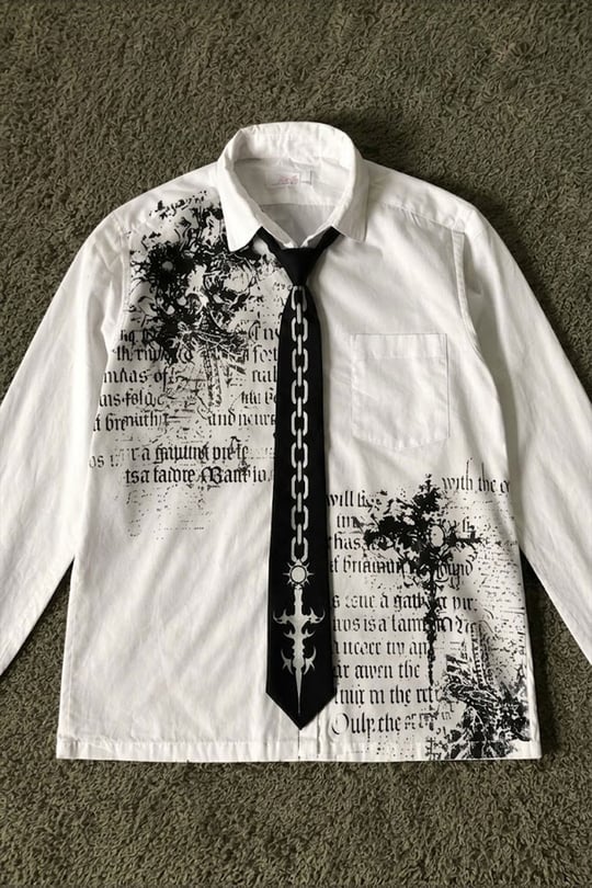Beyaz Skull Gotik Siyah Zincir Baskılı Kravatlı Grunge Y2K Unisex Uzun Kollu Gömlek