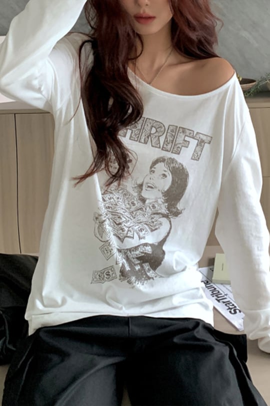 Beyaz Thrift Geniş Yaka Y2K Uzun Kollu Crop