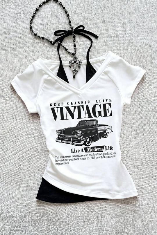 Beyaz Vintage Modern Life Ek Askılı Y2K Kısa Kollu Crop