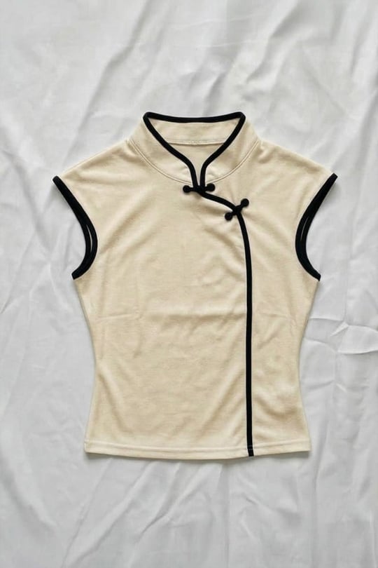 Ekru Mandarin Yaka Siyah Şeritli Qipao Y2K Kısa Kollu Crop