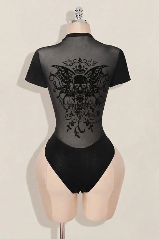 Siyah Gotik Skull Butterfly Wings Transparan Kısa Kollu Çıtçıtlı Body